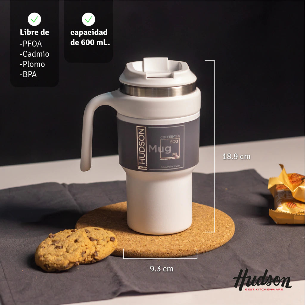 Vaso Blanco de Café de Acero Inoxidable 600 ml c/ Asa Plástica