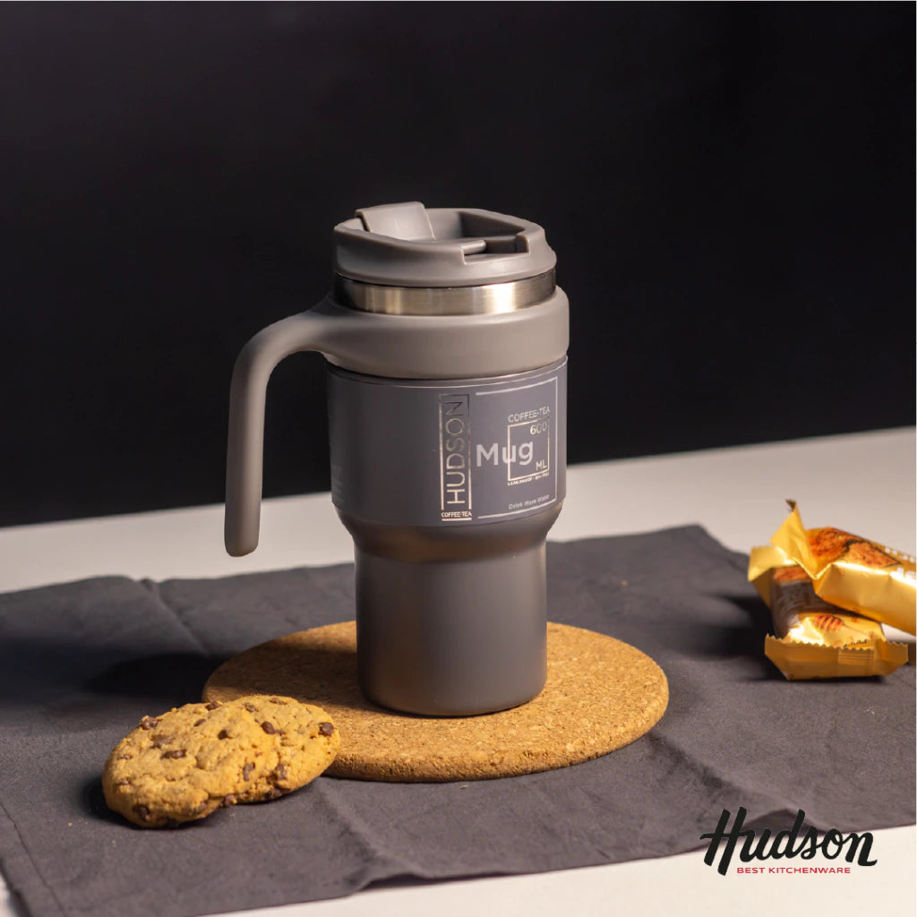 Vaso Gris de Café de Acero Inoxidable 600 ml c/ Asa Plástica