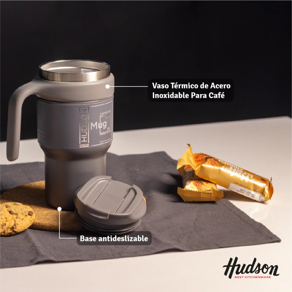 Vaso Gris de Café de Acero Inoxidable 600 ml c/ Asa Plástica
