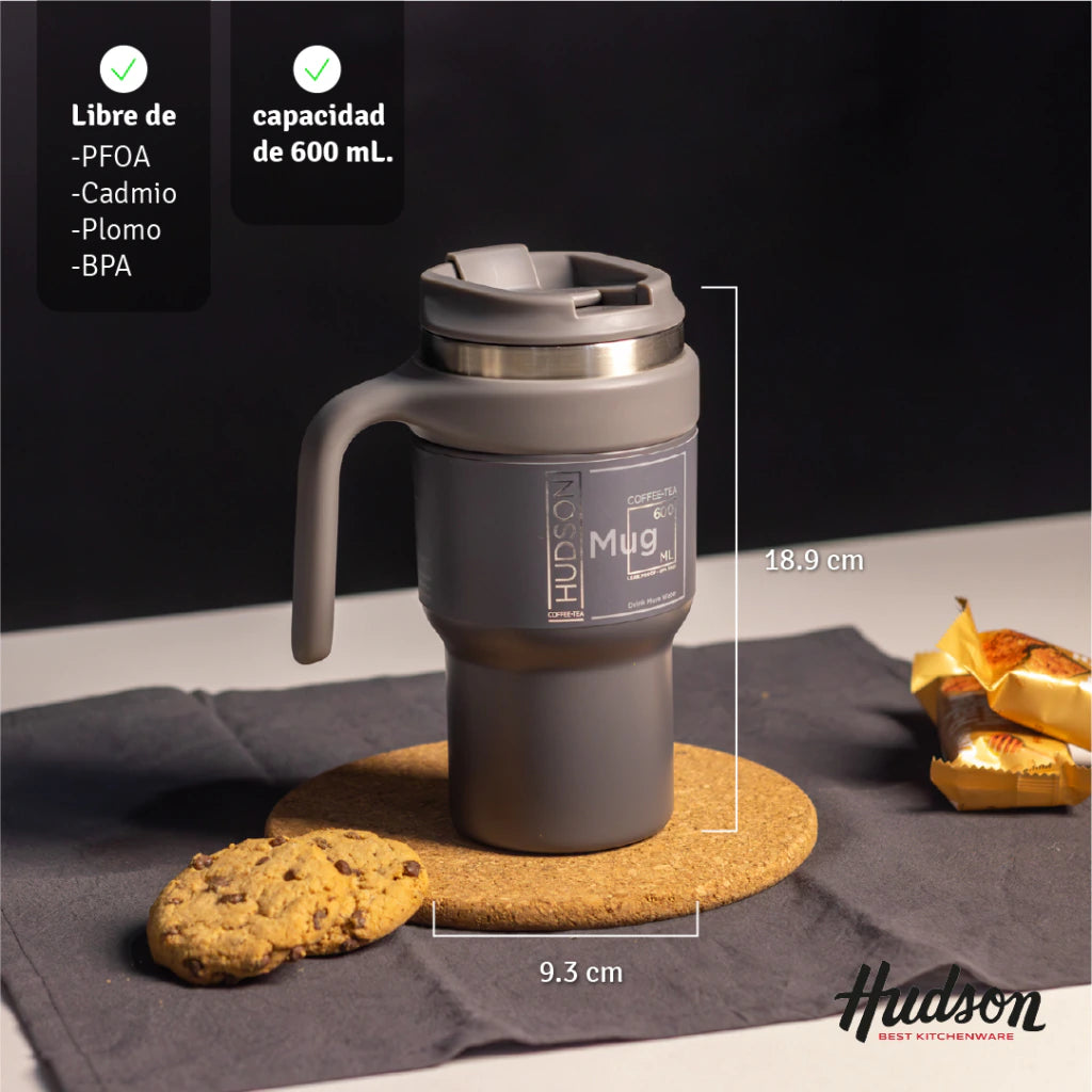 Vaso Gris de Café de Acero Inoxidable 600 ml c/ Asa Plástica