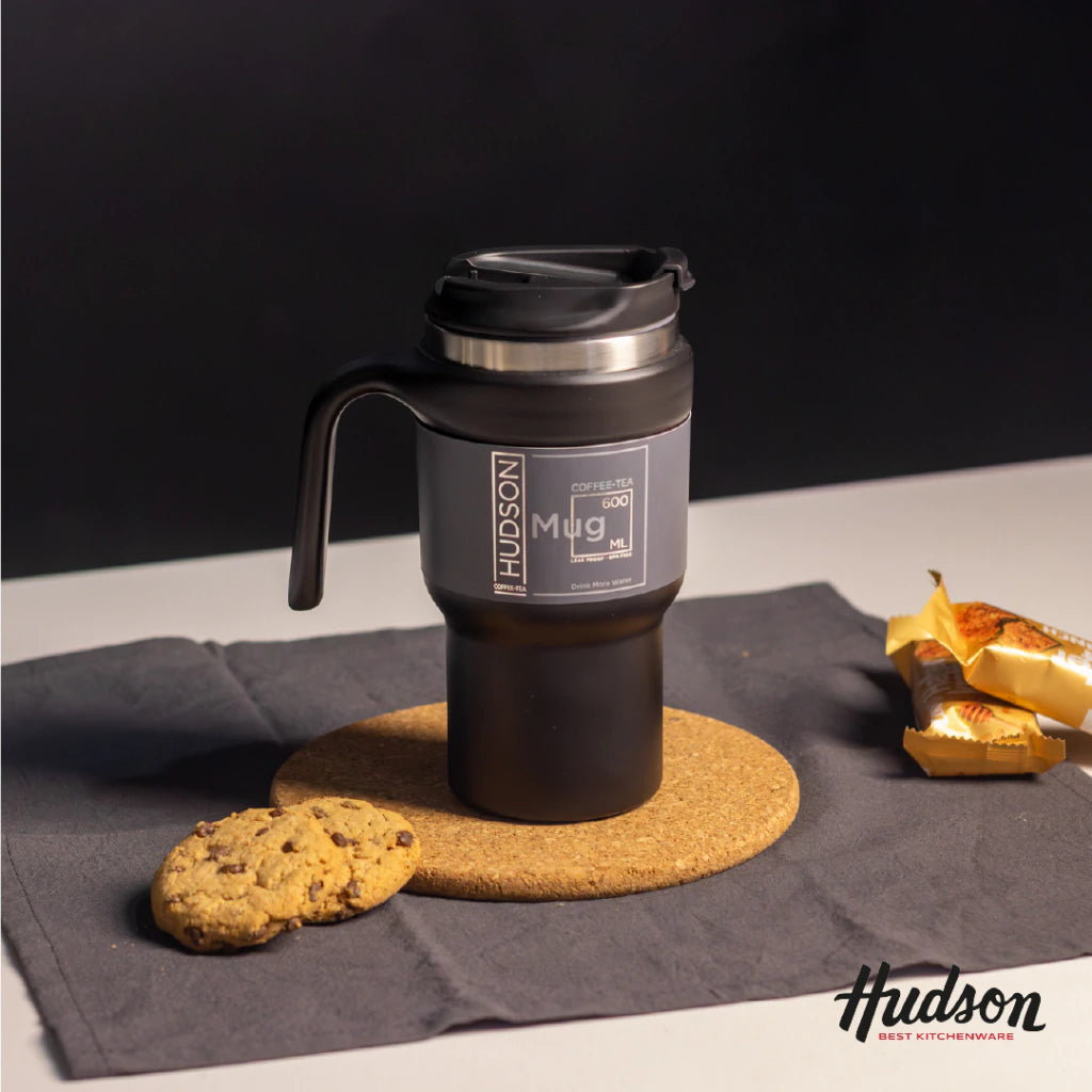 Vaso Negro de Café de Acero Inoxidable 600 ml c/ Asa Plástica
