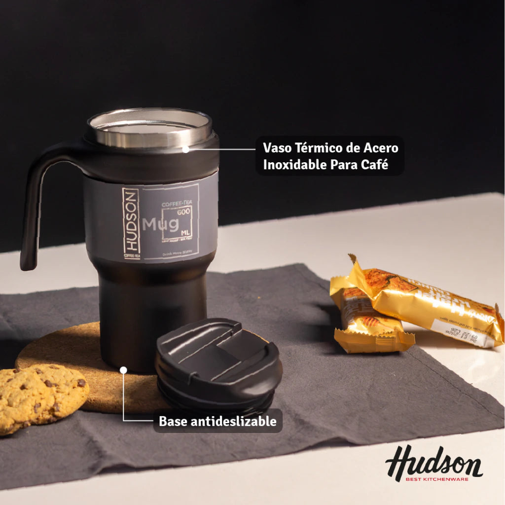 Vaso Negro de Café de Acero Inoxidable 600 ml c/ Asa Plástica