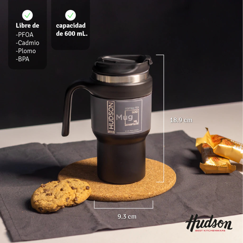 Vaso Negro de Café de Acero Inoxidable 600 ml c/ Asa Plástica